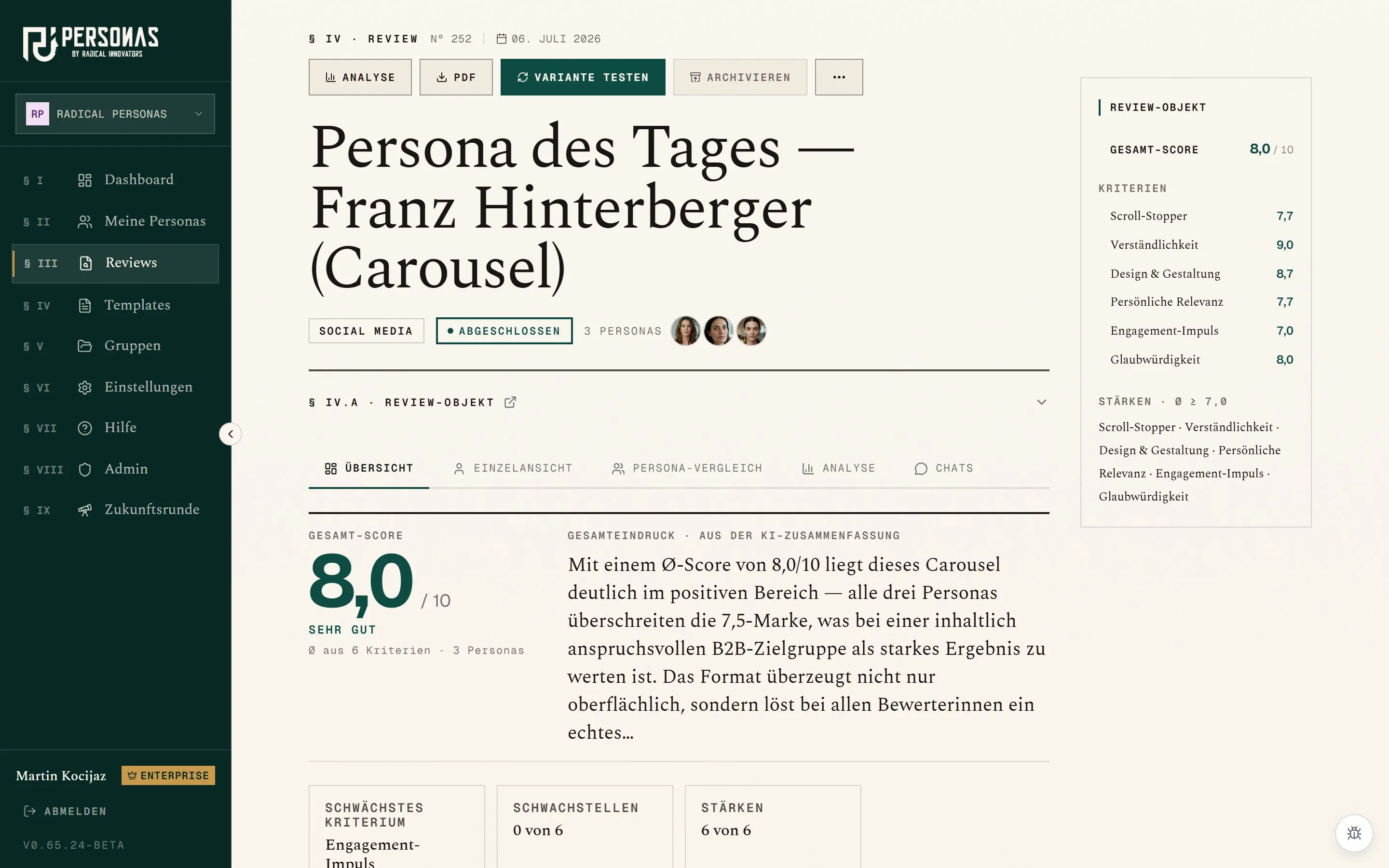 App-Screenshot: fertiges Review mit Scores und Persona-Bewertungen