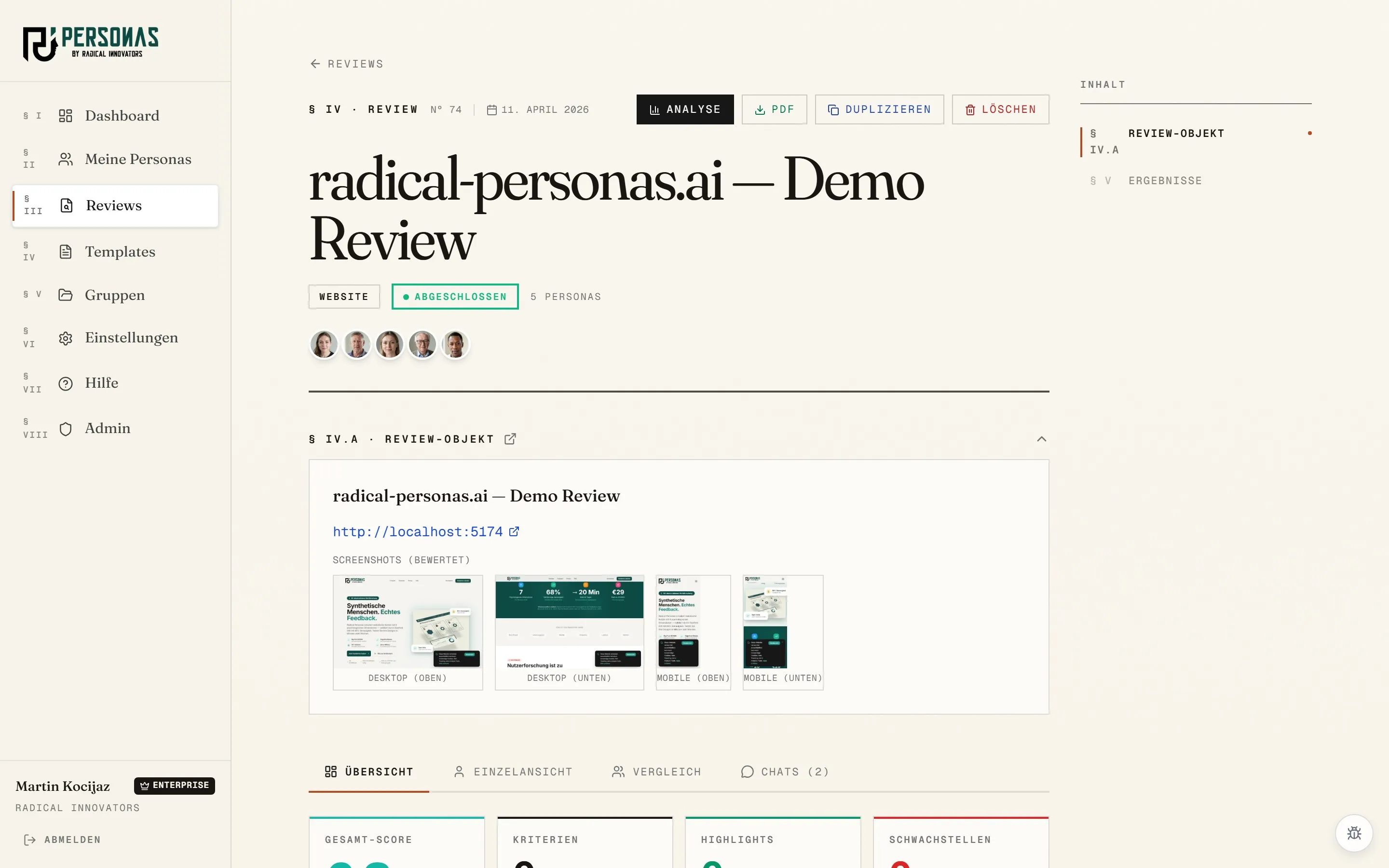 App-Screenshot: fertiges Review mit Scores und Persona-Bewertungen