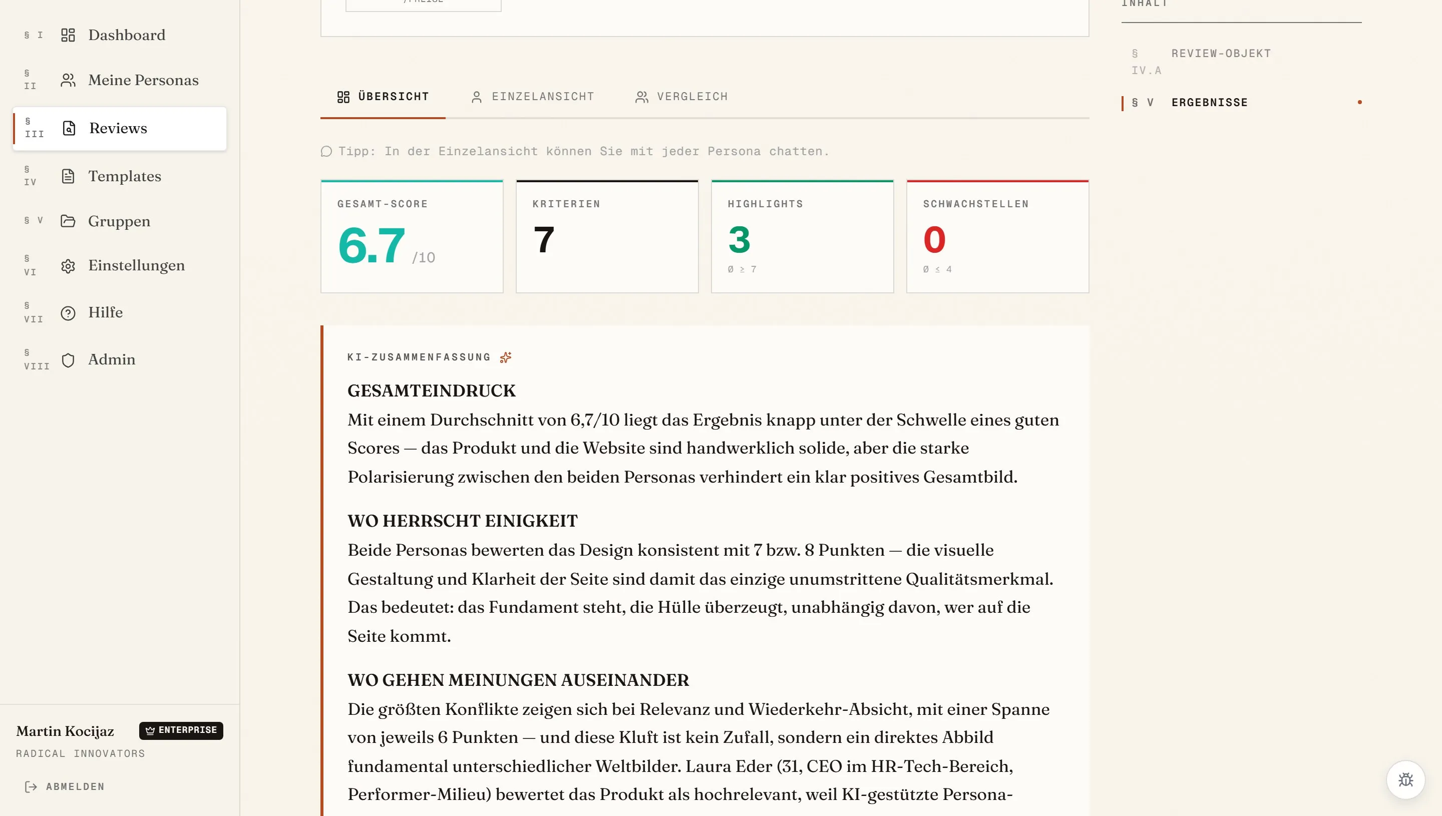 Screenshot aus der Radical-Personas-App: Review-Detailansicht mit KI-synthetisierter Zusammenfassung und typografischem Drop-Cap.