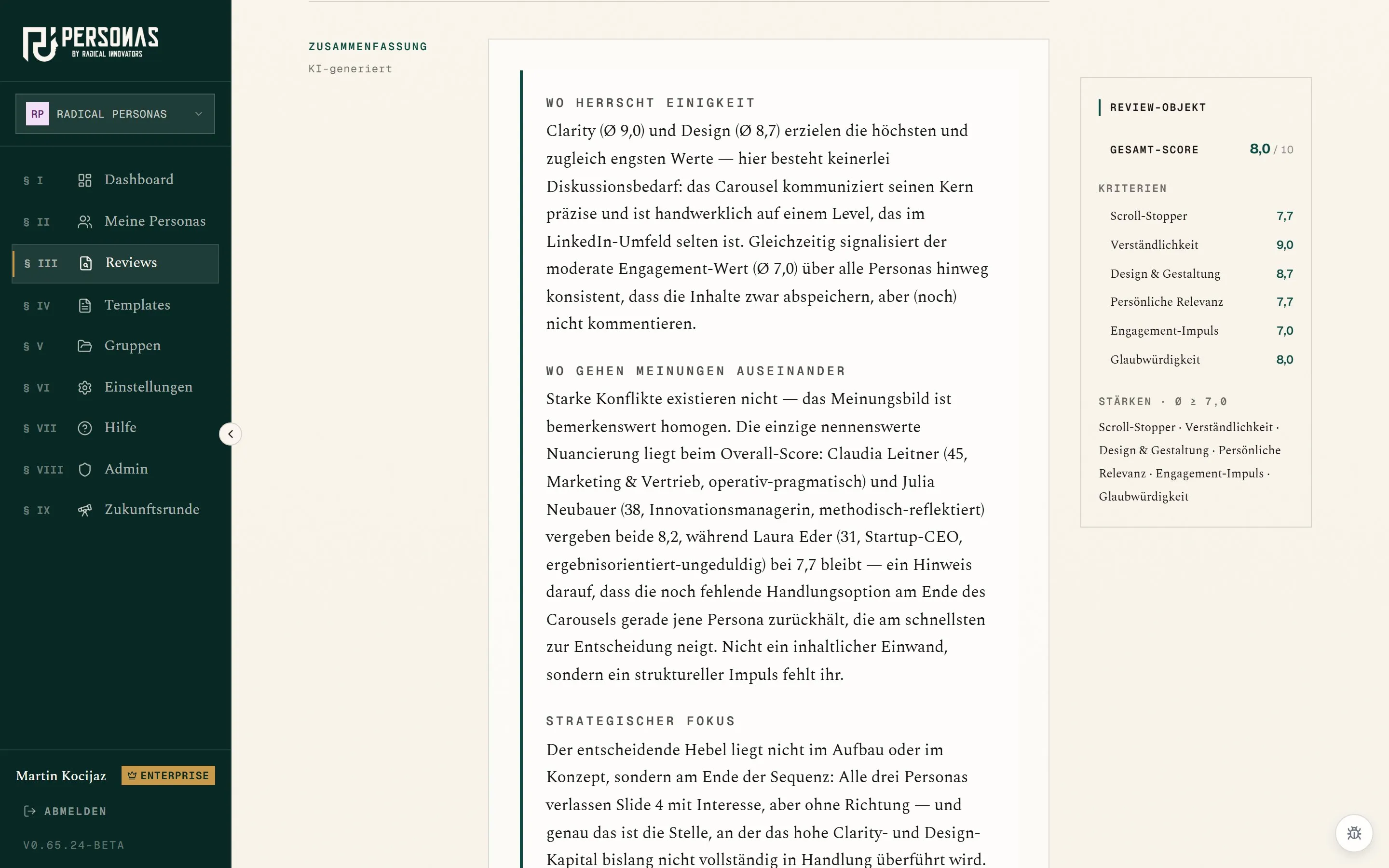 Screenshot aus der Radical-Personas-App: Review-Detailansicht mit KI-synthetisierter Zusammenfassung und typografischem Drop-Cap.