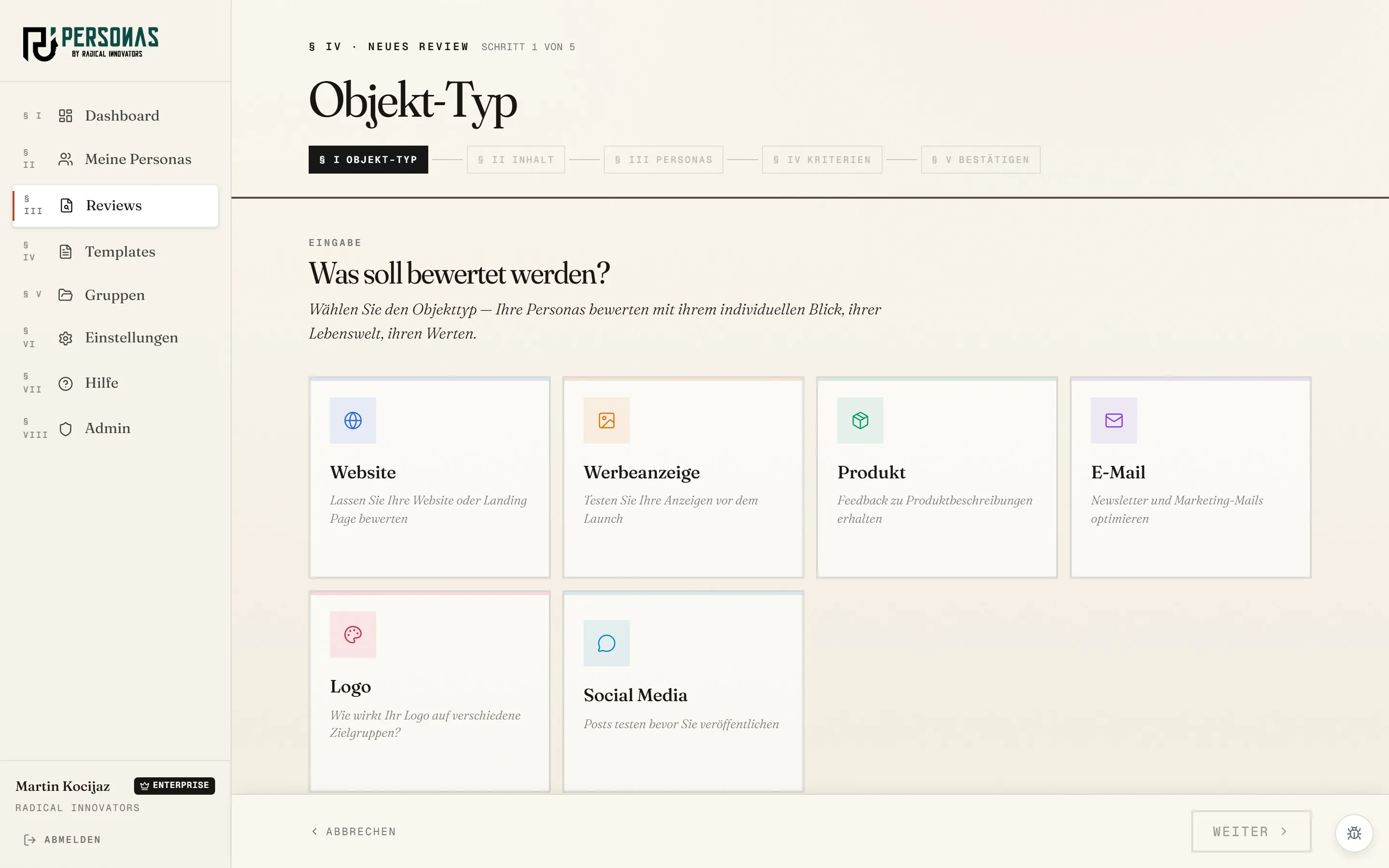App-Screenshot: Auswahl des Objekt-Typs im Review-Wizard