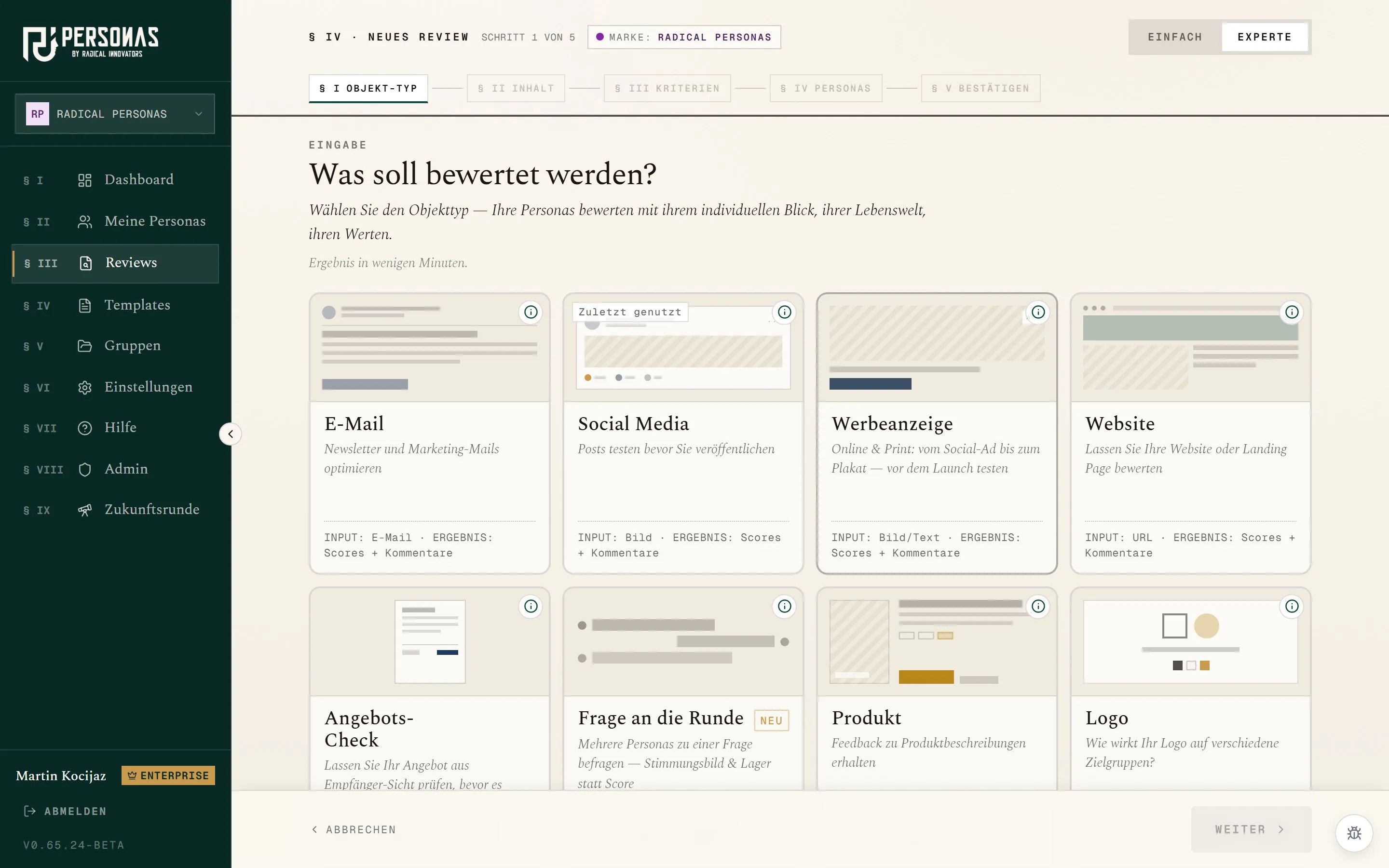 App-Screenshot: Auswahl des Objekt-Typs im Review-Wizard