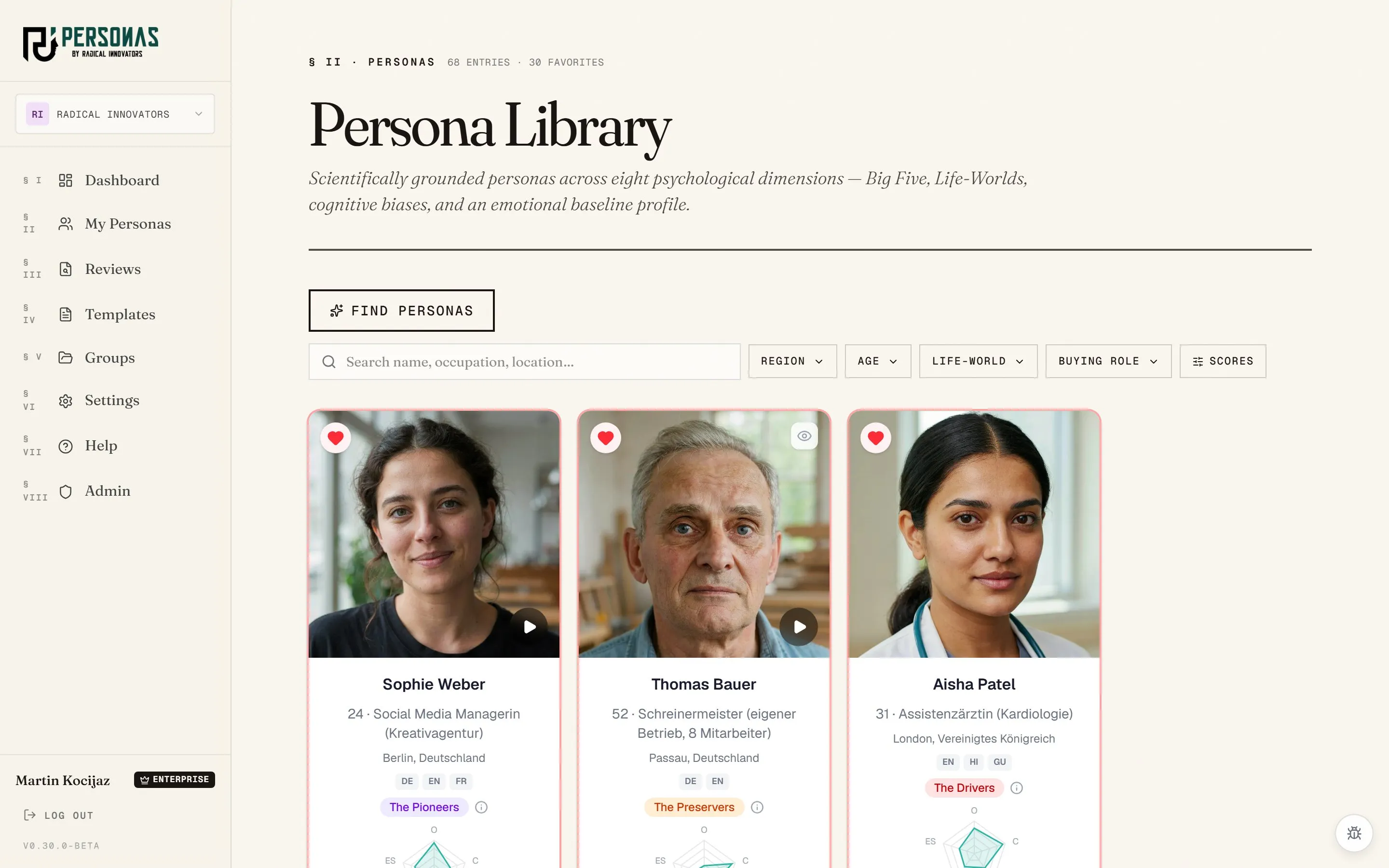 App screenshot: the Persona Library for choosing your target audience