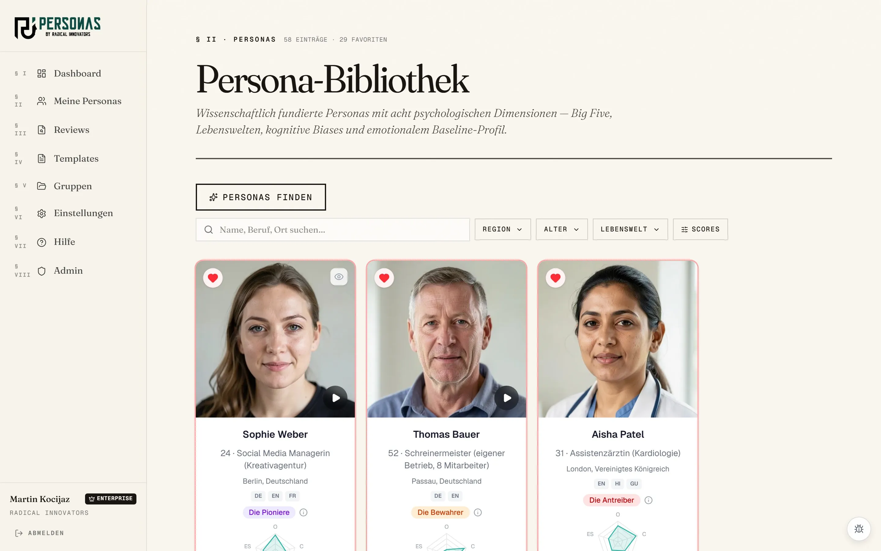 App-Screenshot: Persona-Bibliothek zur Auswahl der Zielgruppe