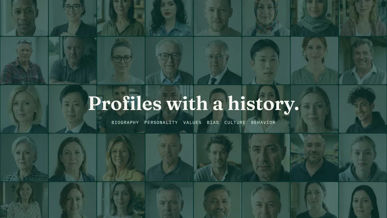 Still frame from the explainer video: a wall of synthetic personas