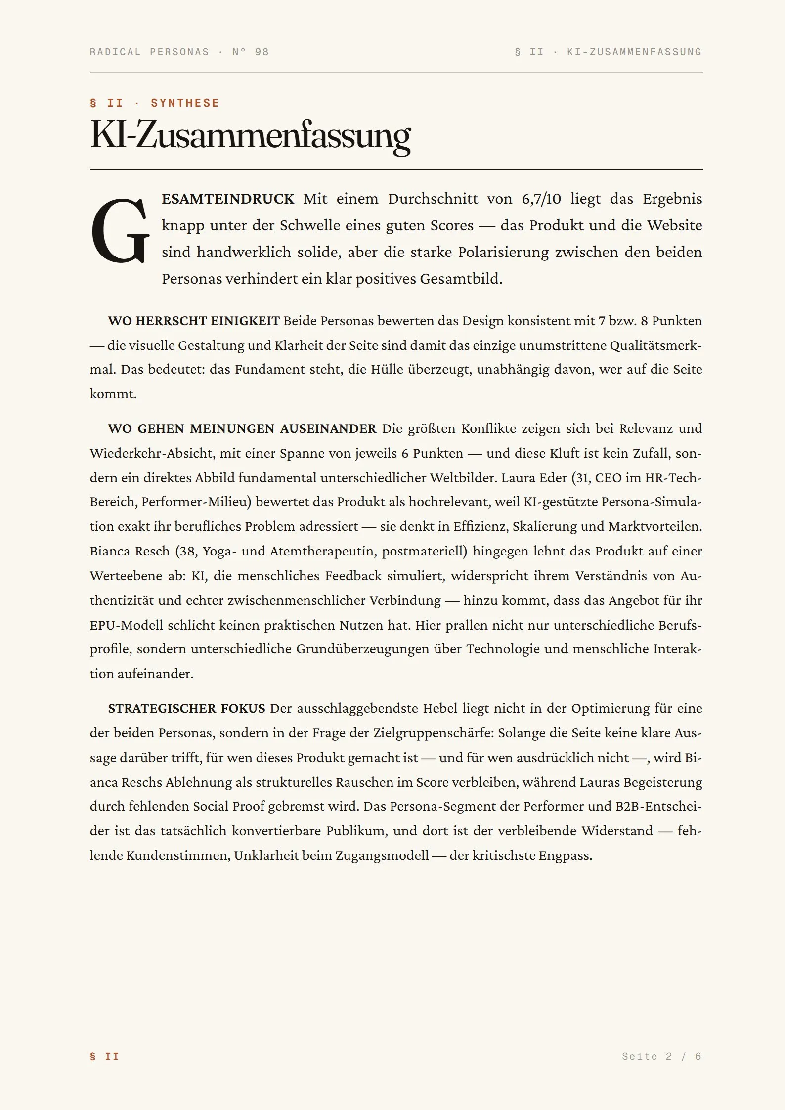 Report-Seite: KI-Synthese & Empfehlungen