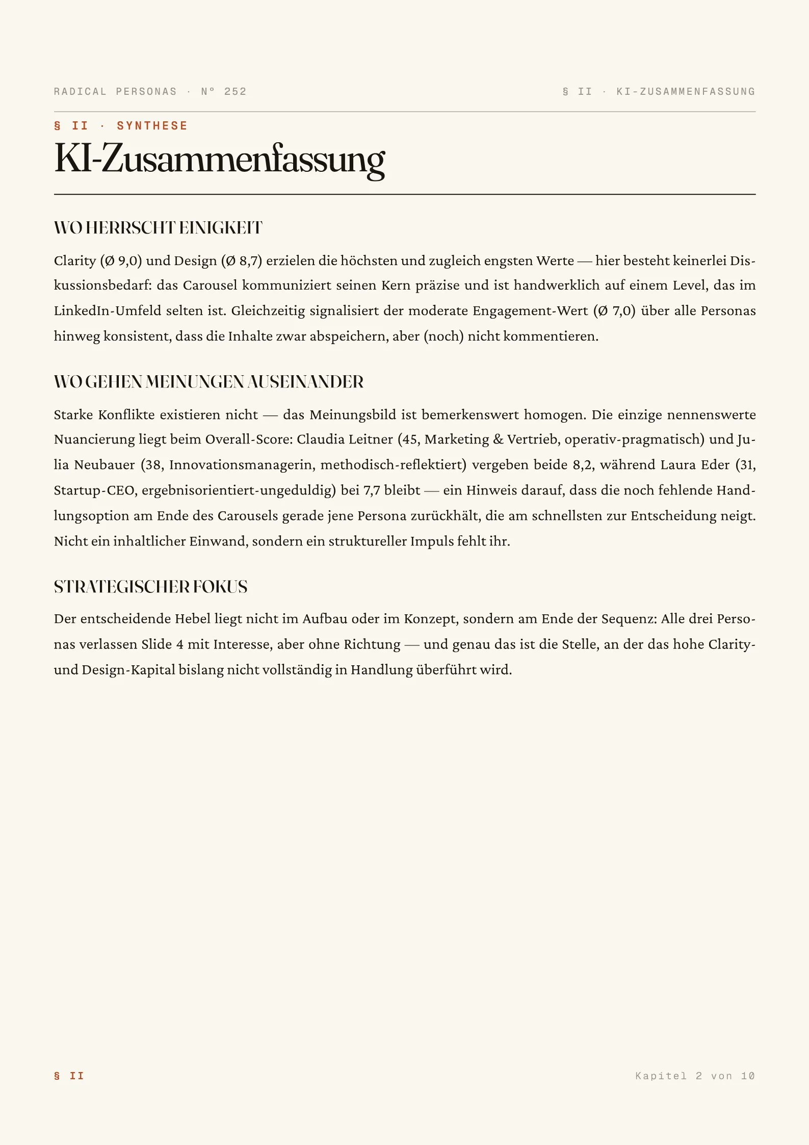 Report-Seite: KI-Synthese & Empfehlungen